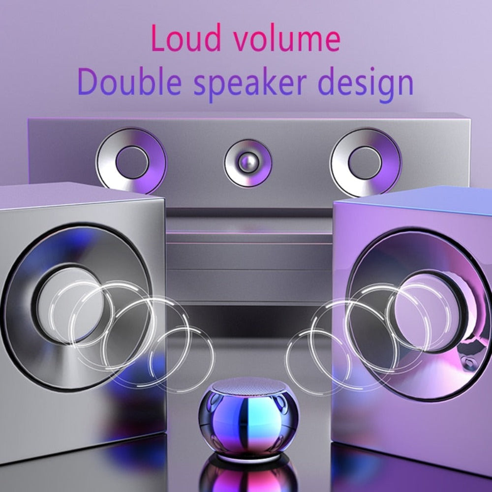Purple and silver speakers with 'Loud volume' and 'Double speaker design' text on a purple background.
