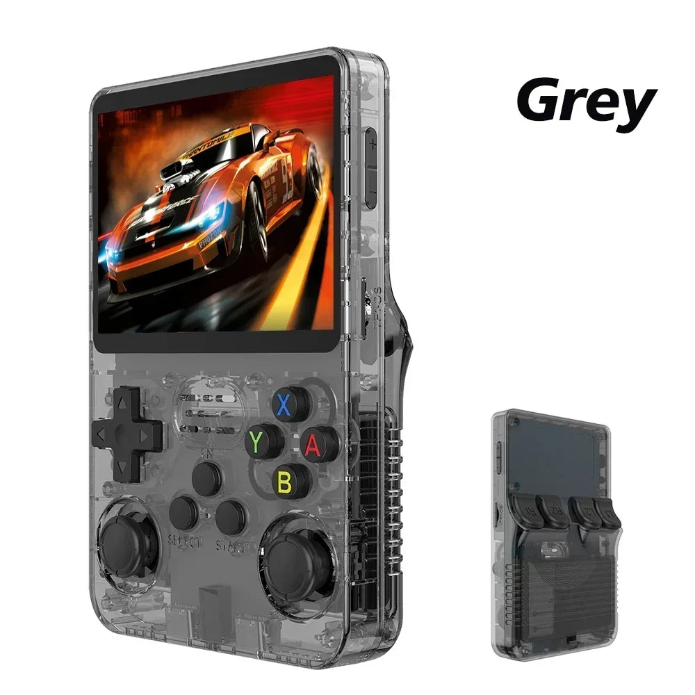 Handheld gaming console with transparent design and screen displaying a car game, labeled 'Grey'.