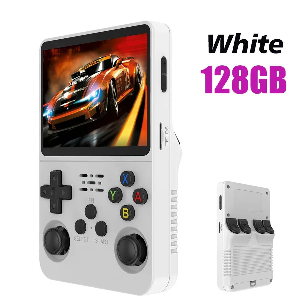 Handheld gaming console with screen displaying a car game, labeled 'White 128GB'.