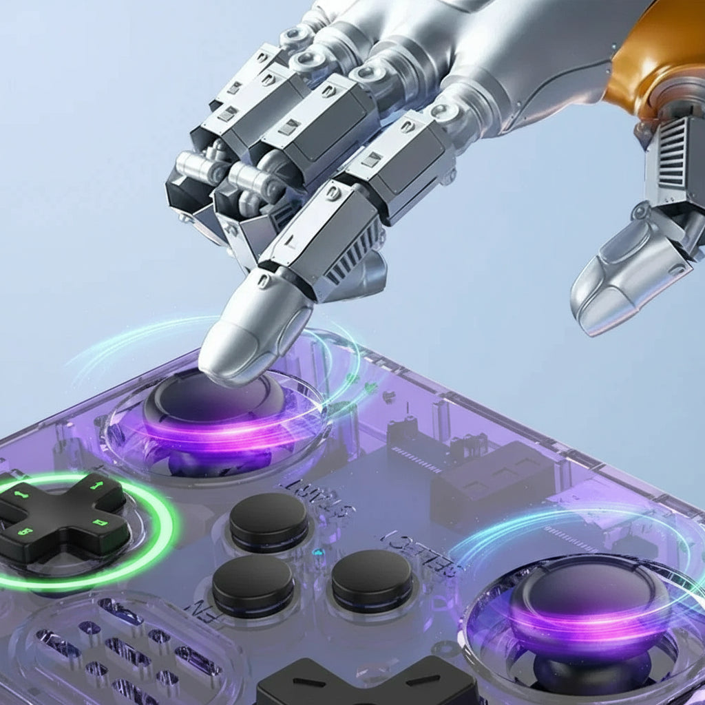 Robotic hand interacting with a futuristic control panel featuring double joystick design.