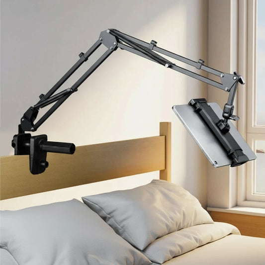 Hacrin phone or tablet holder with adjustable arm on a bed, suitable for 4-12.9 inch devices.