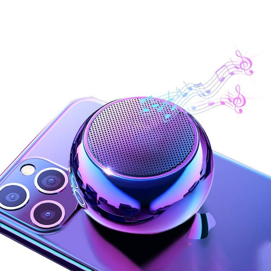 Small round metallic speaker on a smartphone with musical notes in the background