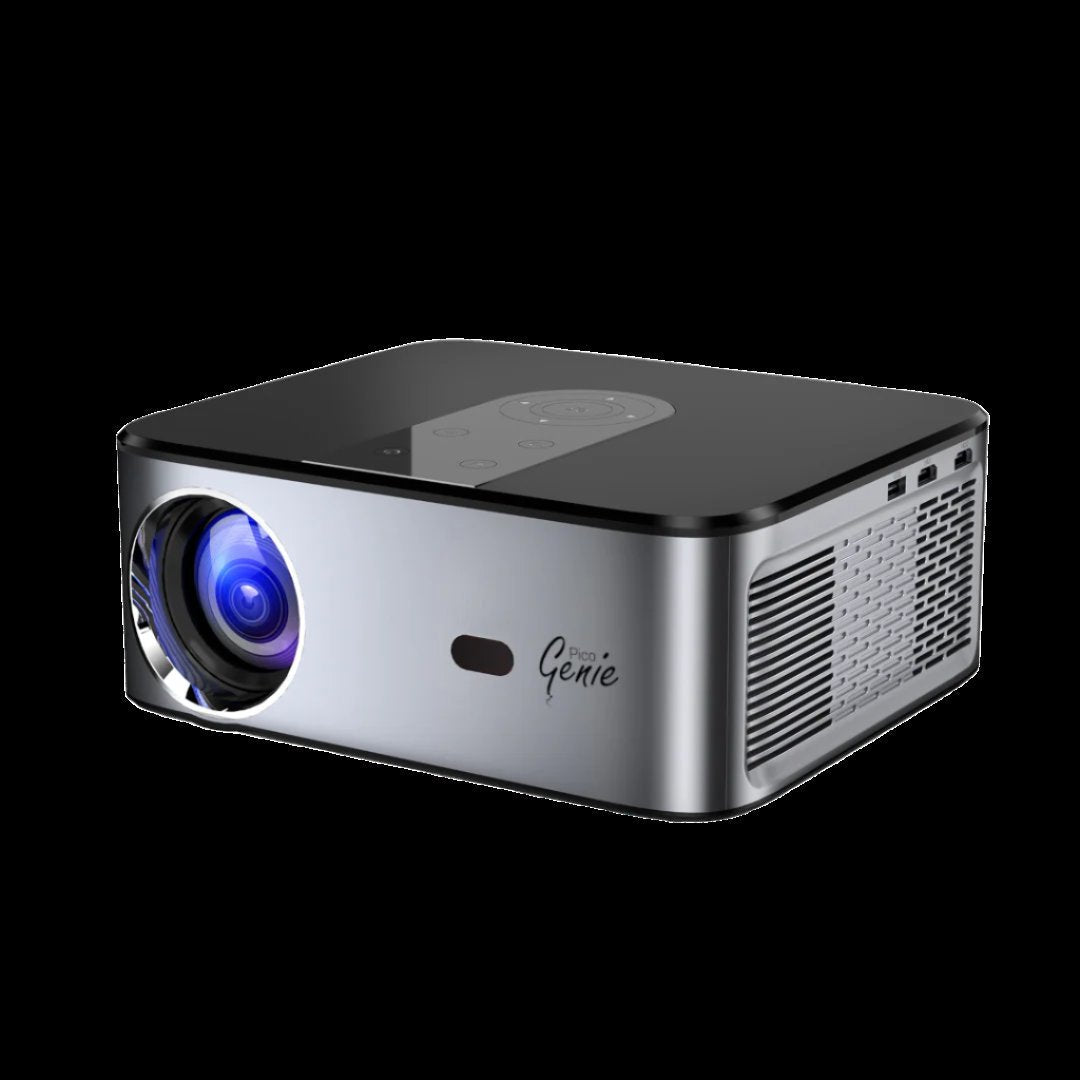 Black and silver projector with 'Projector Genie' branding on a black background