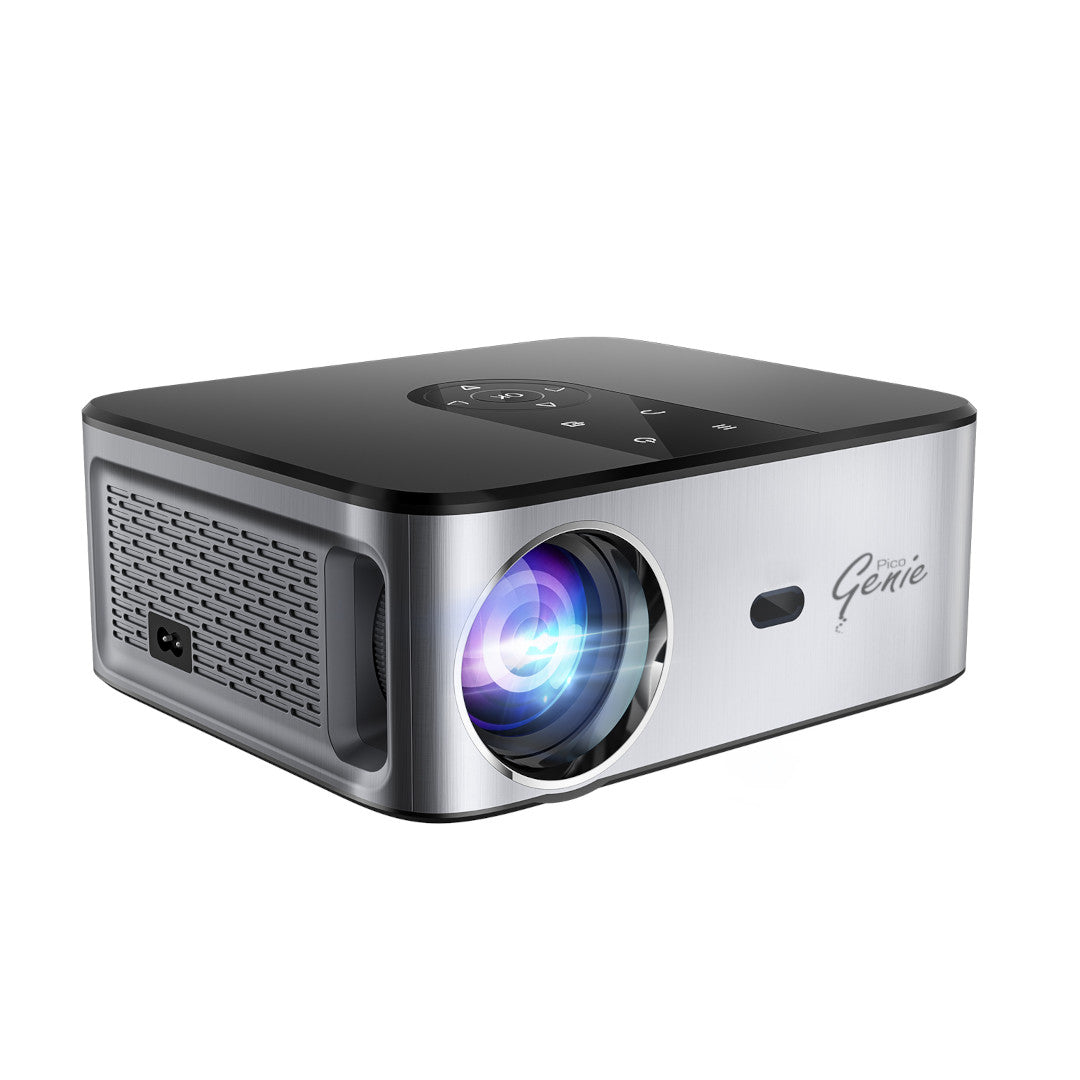 Portable projector with visible brand logo on a white background