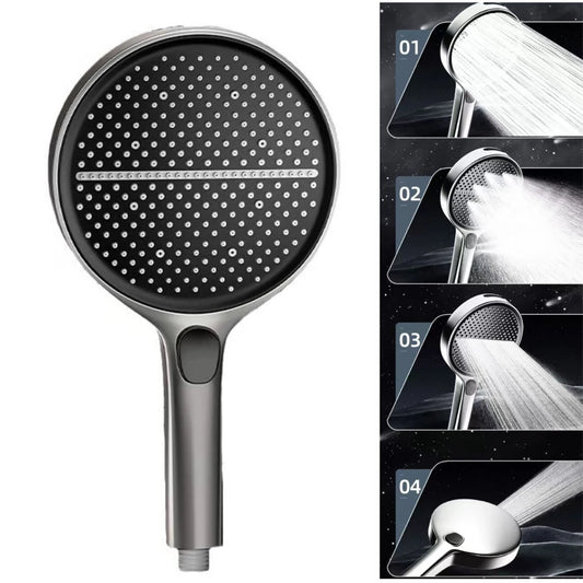 Handheld shower head with different water spray settings shown on a white background