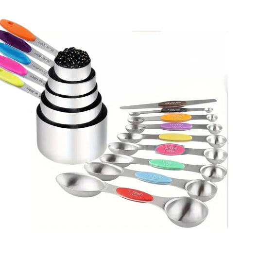 Set of measuring spoons with colorful handles and a metal container on a white background