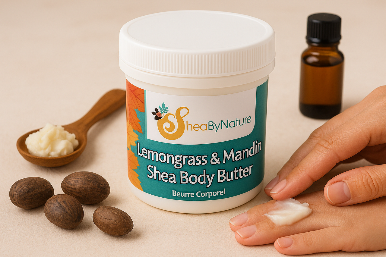 Shea body butter container with lemongrass and mandarin scent, surrounded by shea nuts and a wooden spoon.