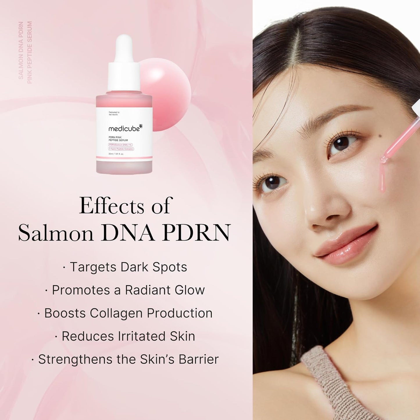 Cosmetic product with text about Salmon DNA PDRN effects on skin, alongside a woman using a laser device.