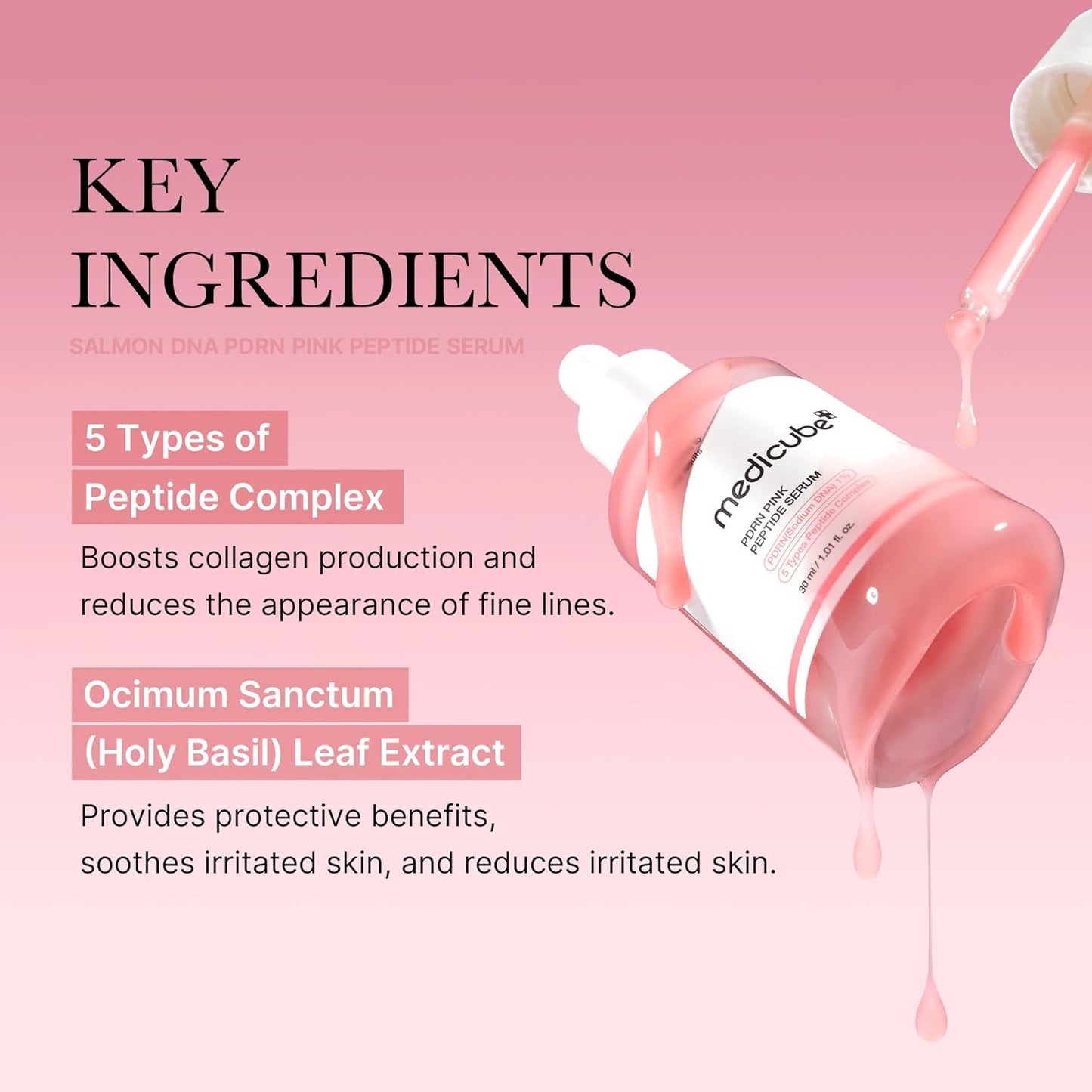 Medicube serum bottle with key ingredients on a pink background
