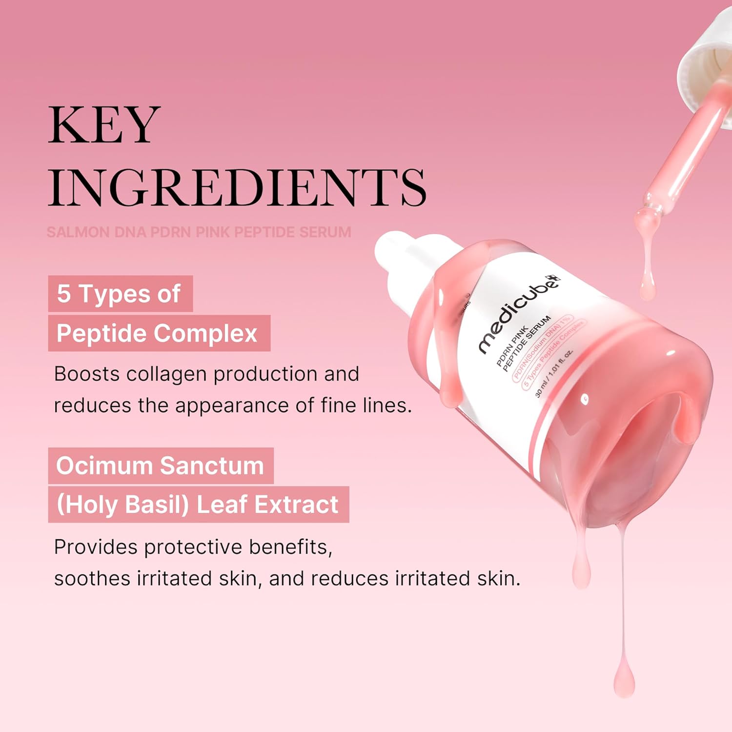 Medicube serum bottle with key ingredients on a pink background