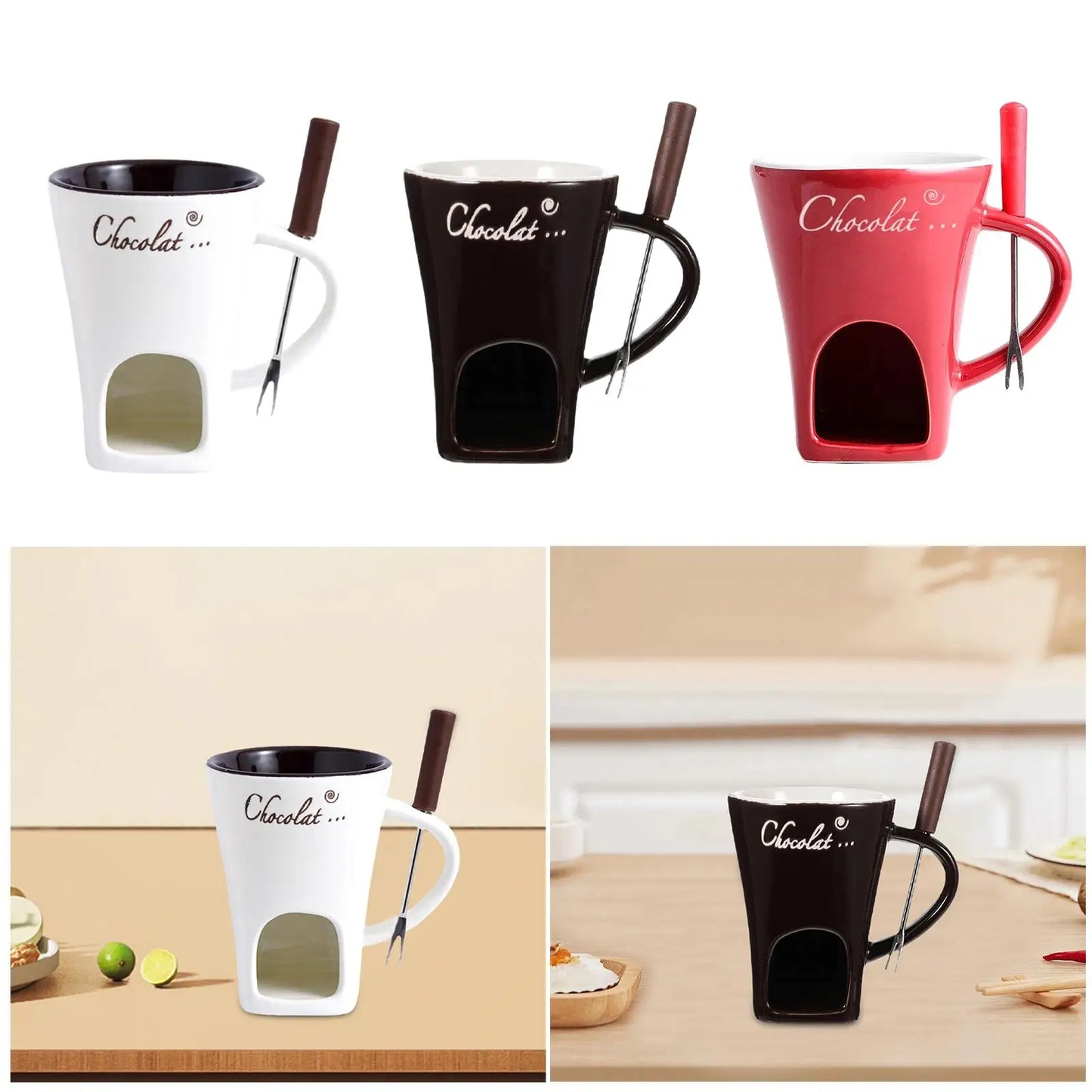 Set of four mugs with built-in stirrers in white, black, and red on a neutral background.