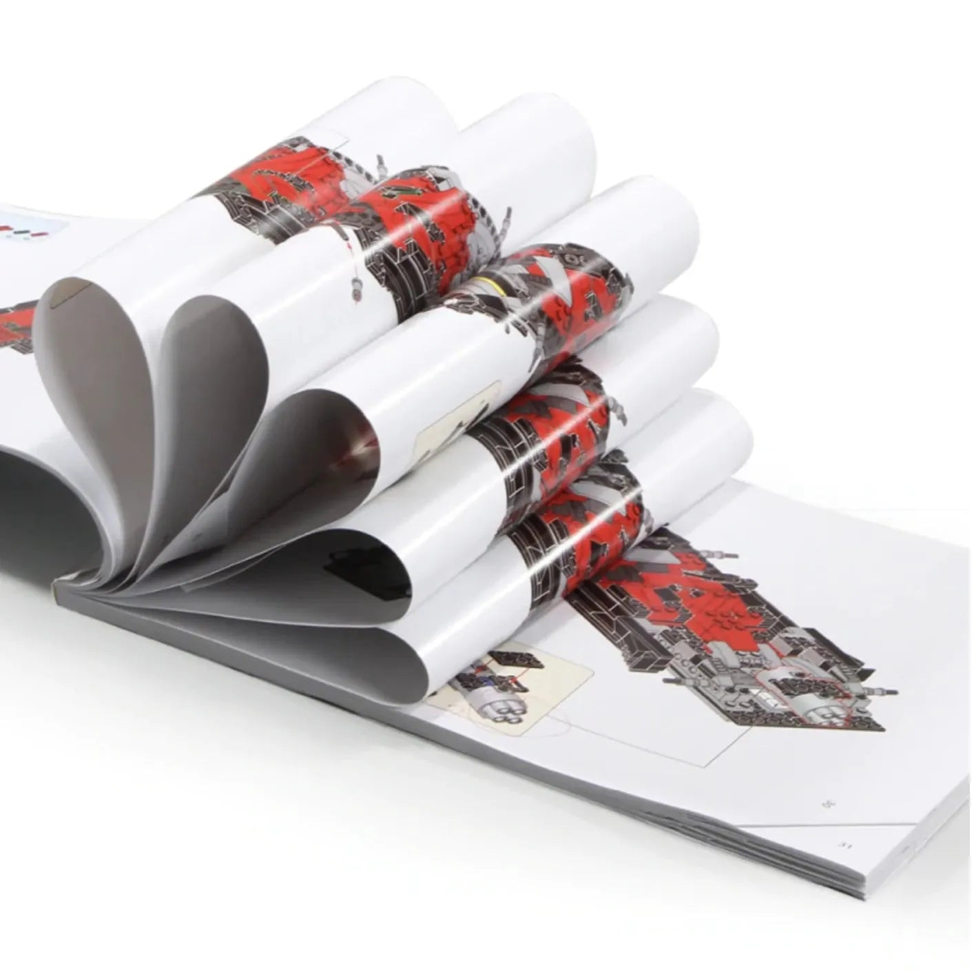 Open book with red and black illustrations on a white background