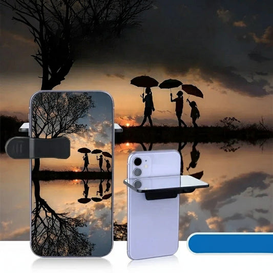 Phone case with mirror reflection feature against a scenic sunset background