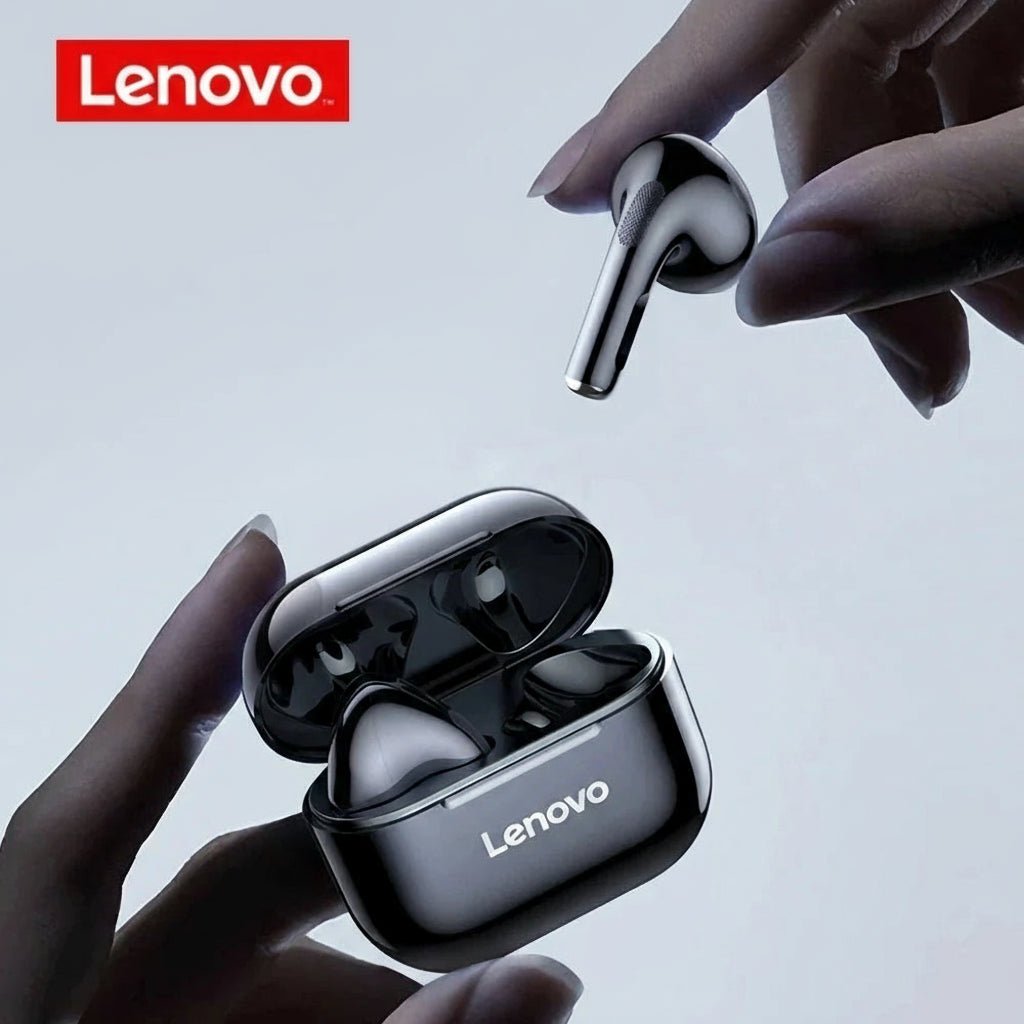 Lenovo wireless earbuds with charging case and automatic pairing feature on a light gray background.