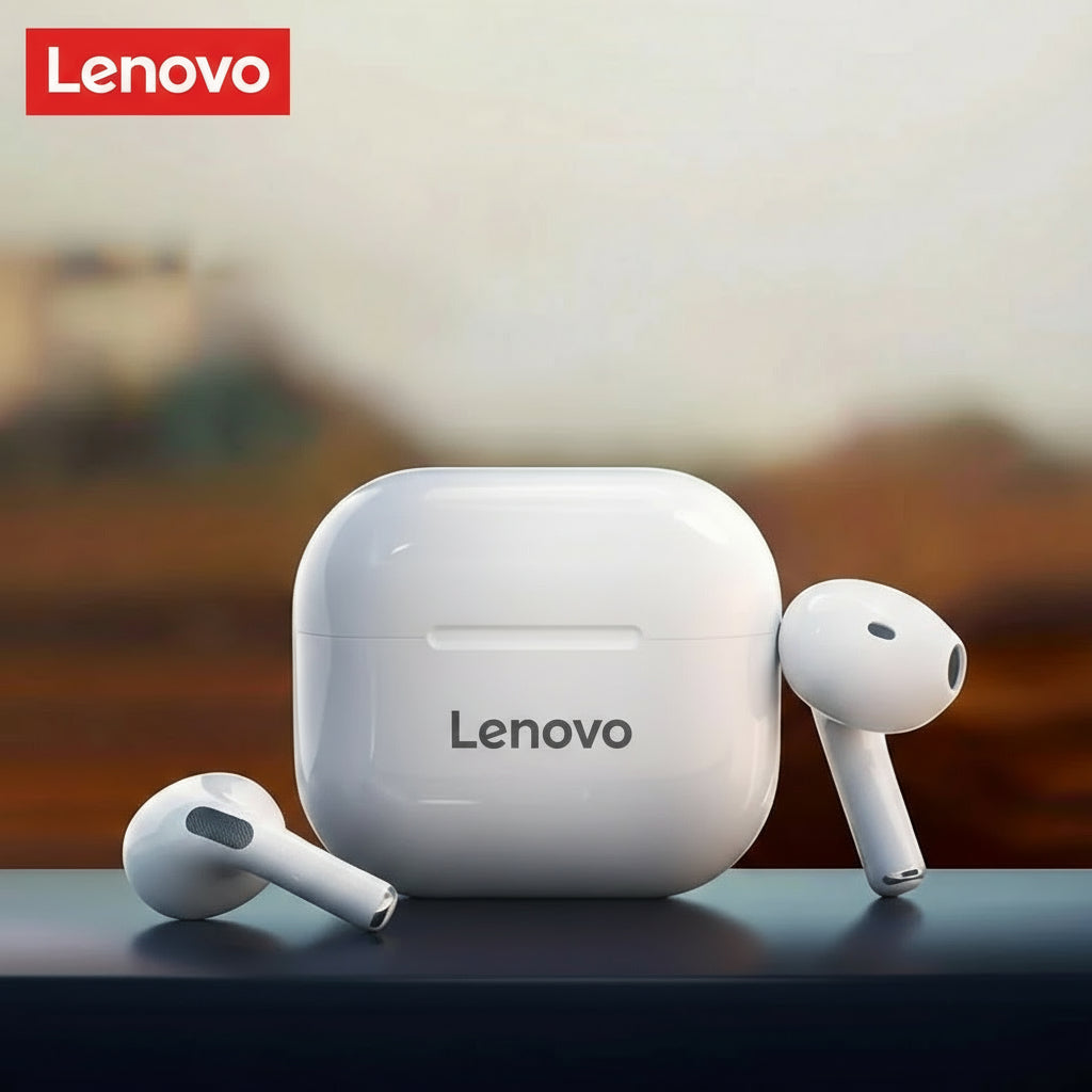 Lenovo wireless earbuds with charging case on a blurred background