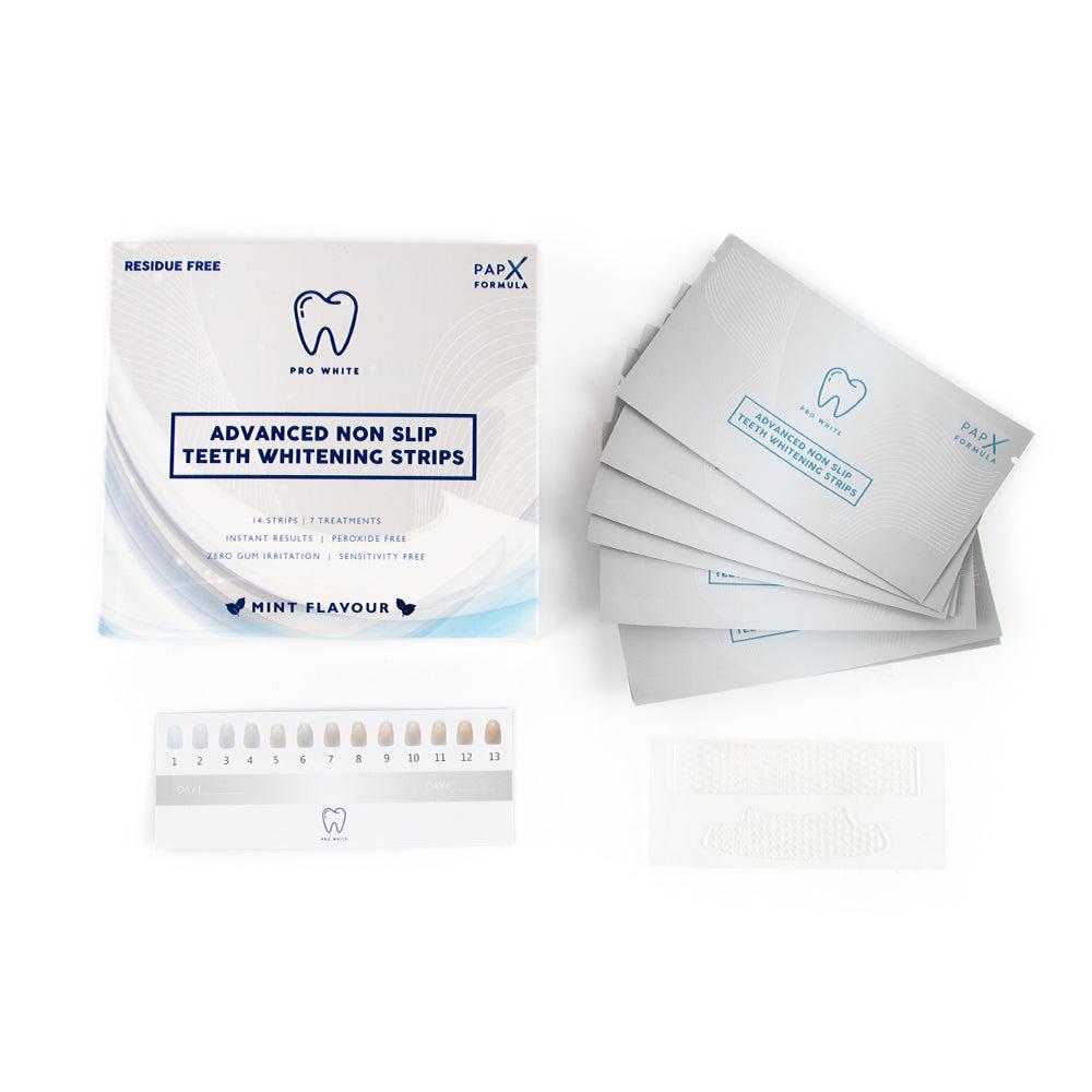 Teeth whitening strips packaging with strips on a white background