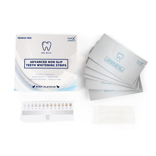 Teeth whitening strips packaging with strips on a white background