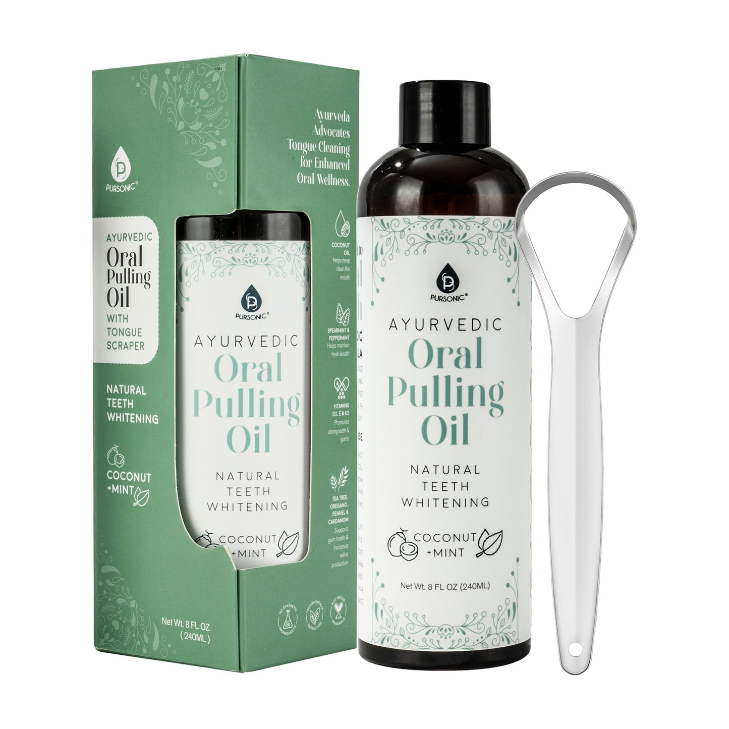 Ayurvedic oral pulling oil with packaging and tongue scraper on a white background