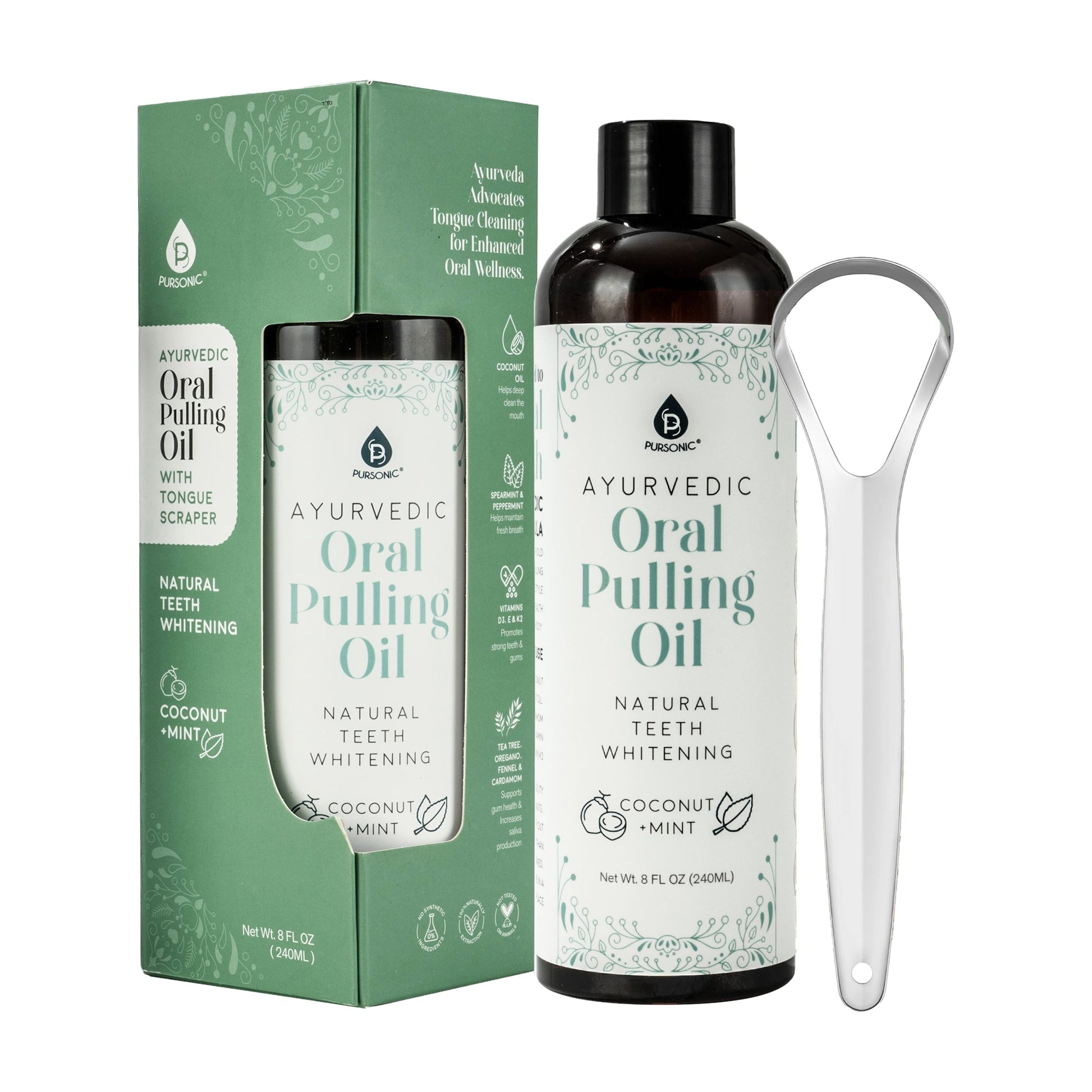 Ayurvedic oral pulling oil with packaging and tongue scraper on a white background