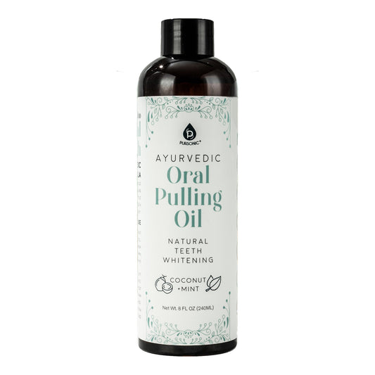 Bottle of Ayurvedic Oral Pulling Oil with a white label on a white background