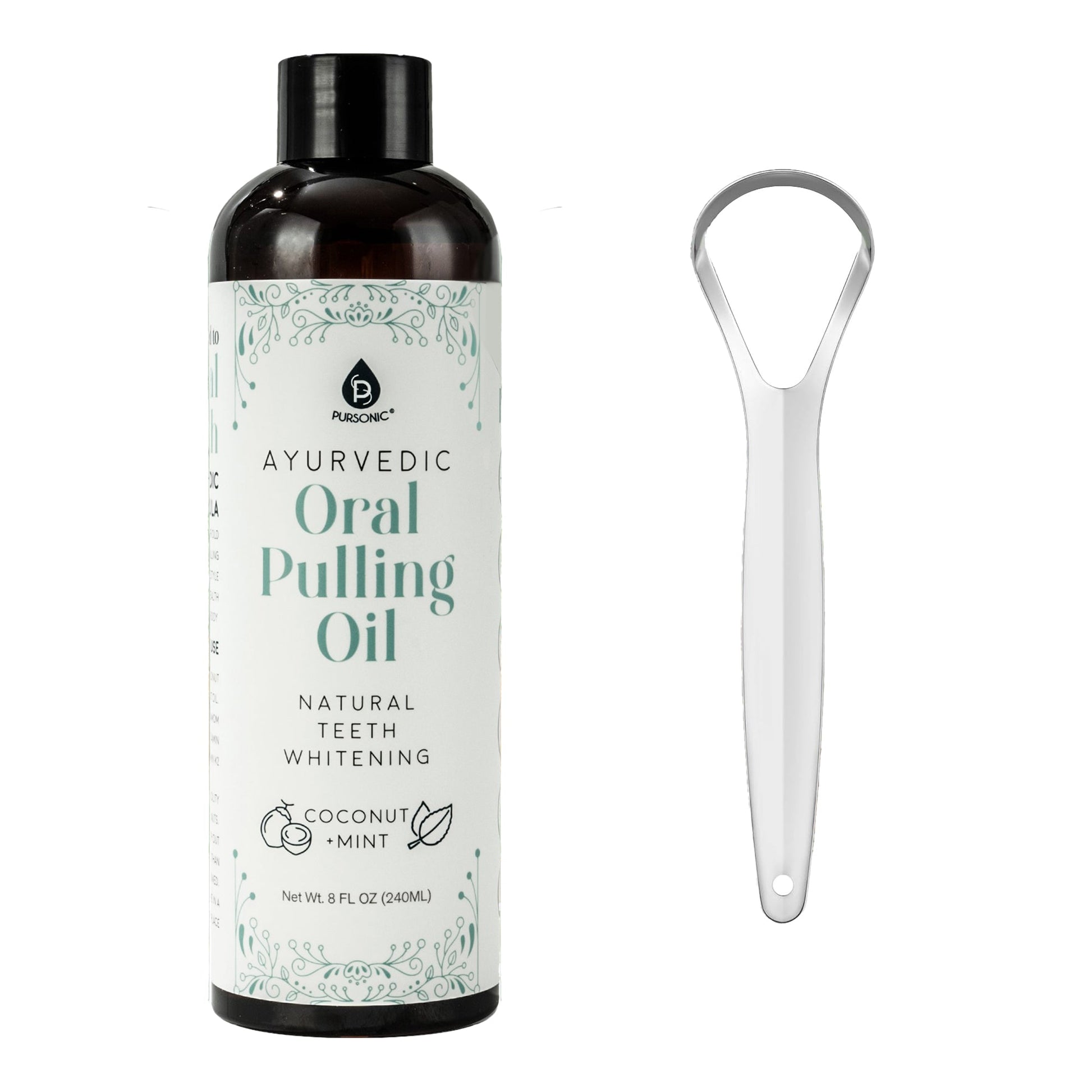 Ayurvedic Oral Pulling Oil bottle with a scoop on a white background