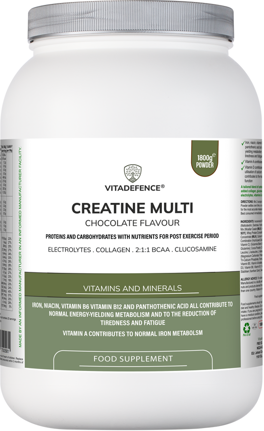 Vitadefence® Creatine Multi | Chocolate Flavour Recovery Shake with BCAA, Collagen, Electrolytes, Vitamins & Minerals – 1.8 kg