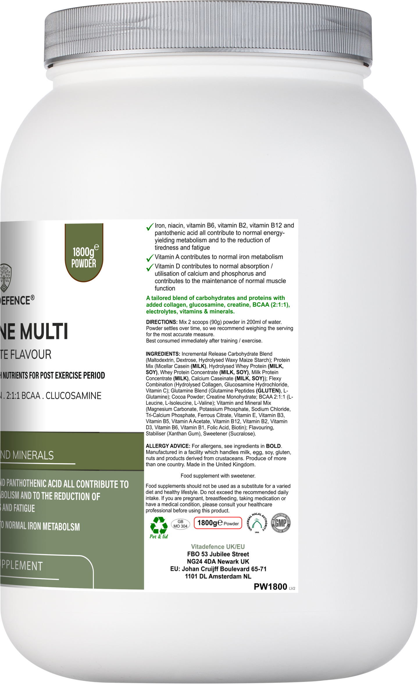 Vitadefence® Creatine Multi | Chocolate Flavour Recovery Shake with BCAA, Collagen, Electrolytes, Vitamins & Minerals – 1.8 kg