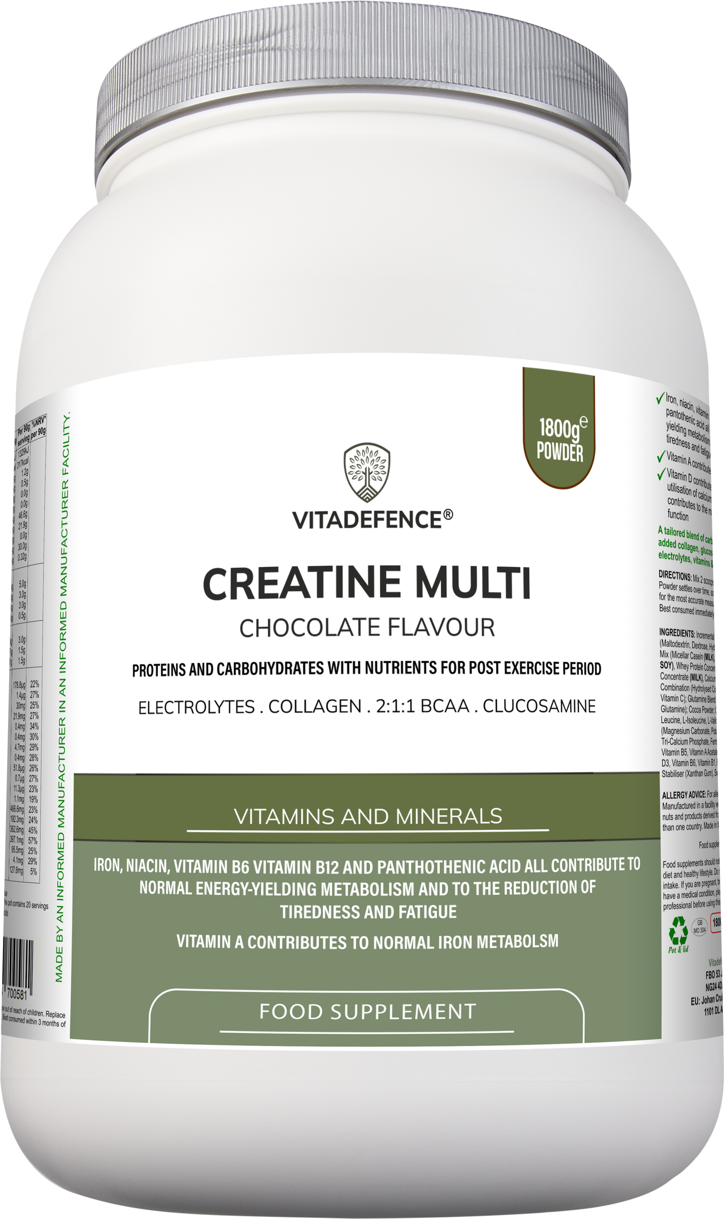 Vitadefence® Creatine Multi | Chocolate Flavour Recovery Shake with BCAA, Collagen, Electrolytes, Vitamins & Minerals – 1.8 kg