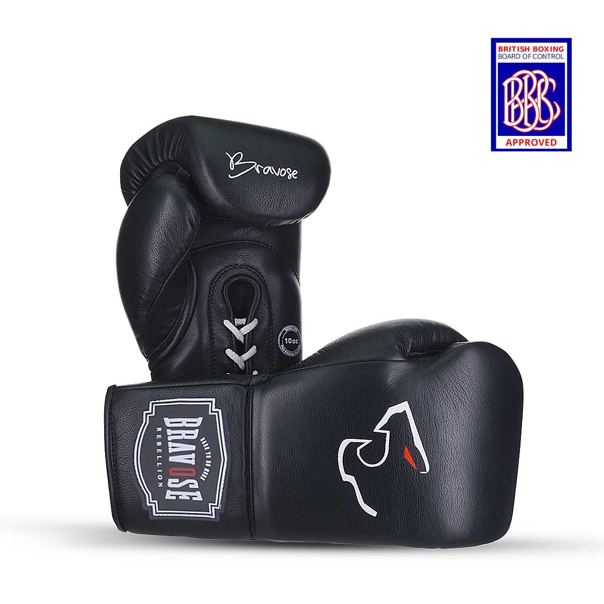 Black boxing gloves with brand logo on a white background, featuring BBB approval logo.