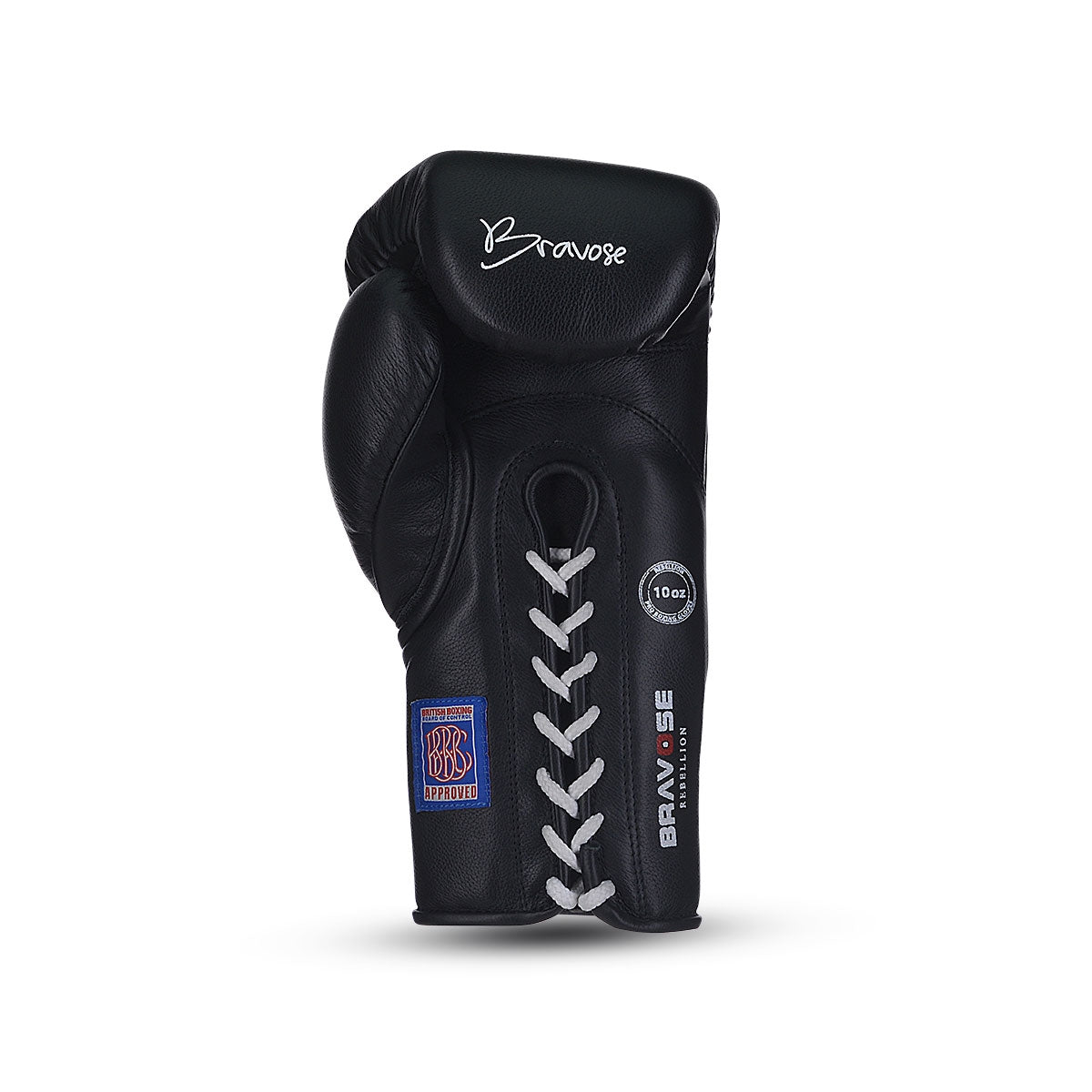 Black boxing glove with white laces on a white background