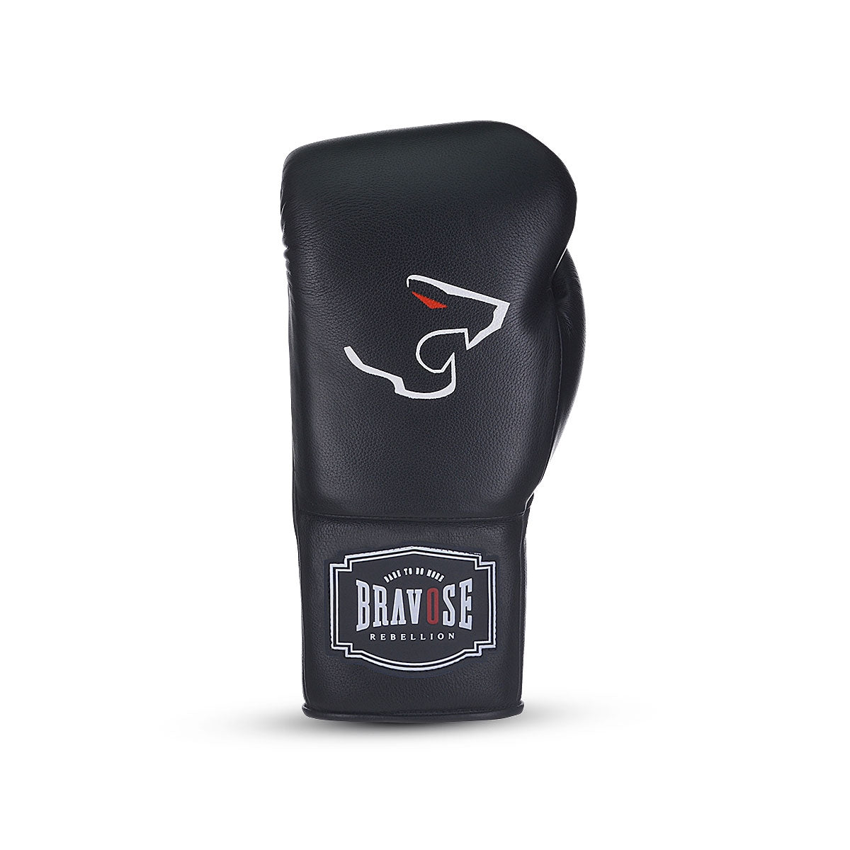 Black boxing glove with a brand logo on a white background