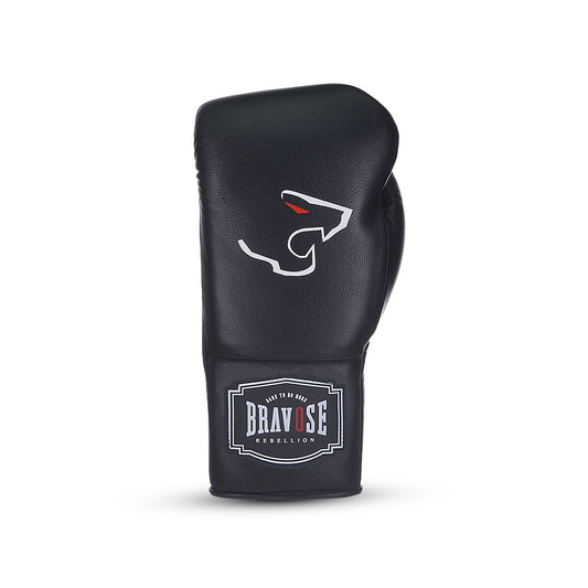 Black boxing glove with a brand logo on a white background