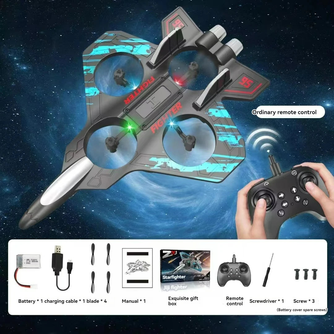 Toy starfighter with remote control against a space-themed background