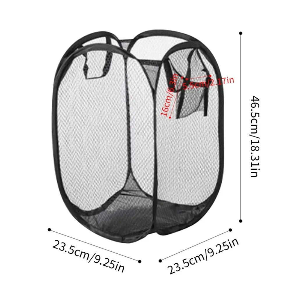 Black mesh laundry basket with dimensions indicated on a white background