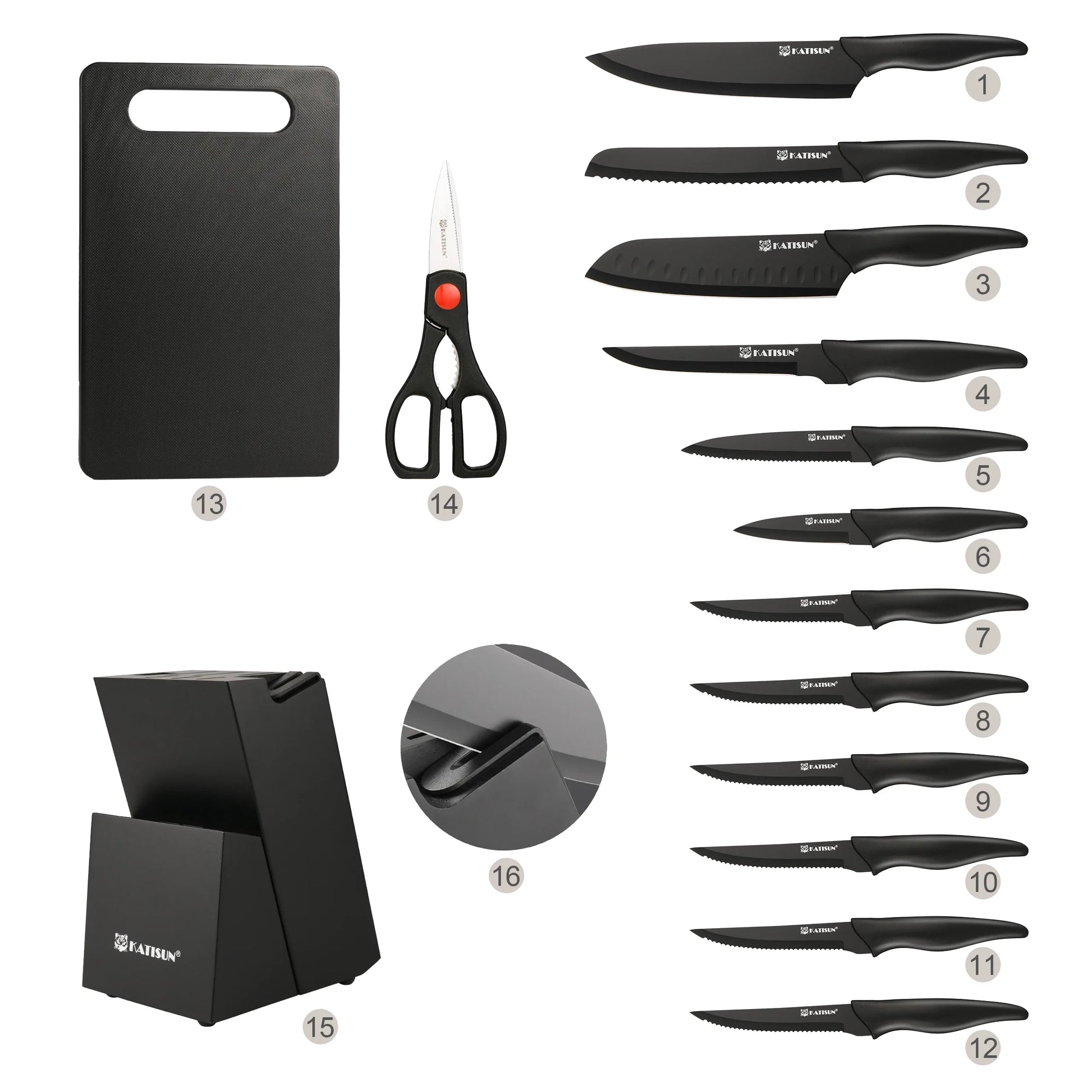 Set of black knives, a cutting board, and scissors on a white background