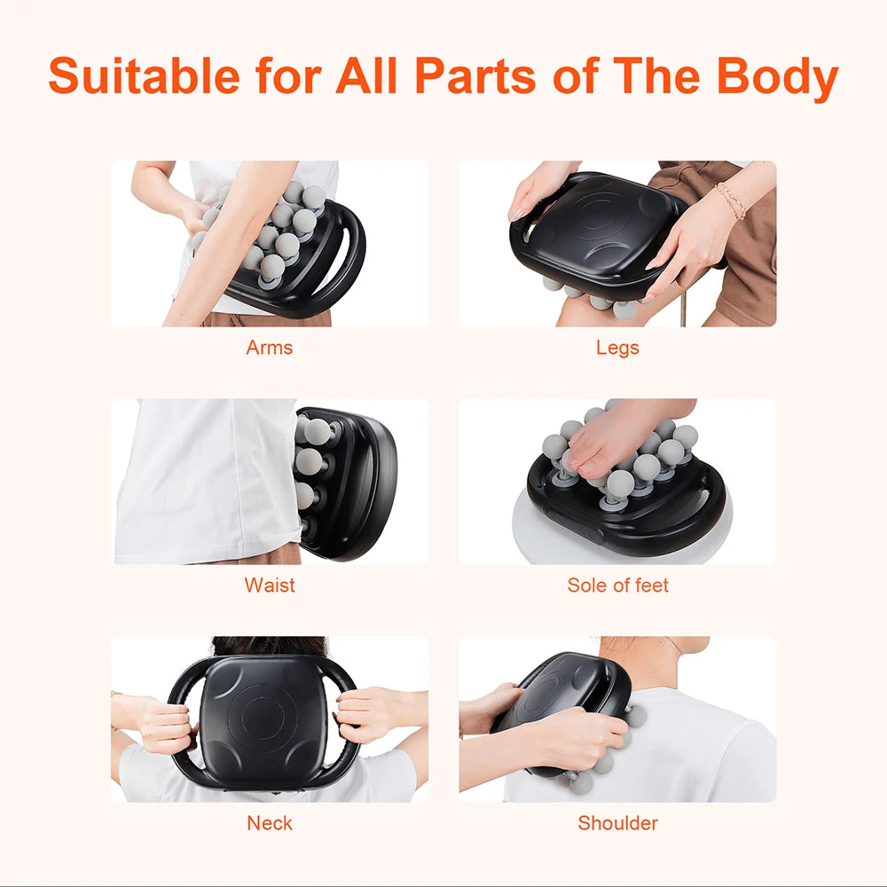 Massage device being used on various parts of the body with text indicating suitability.