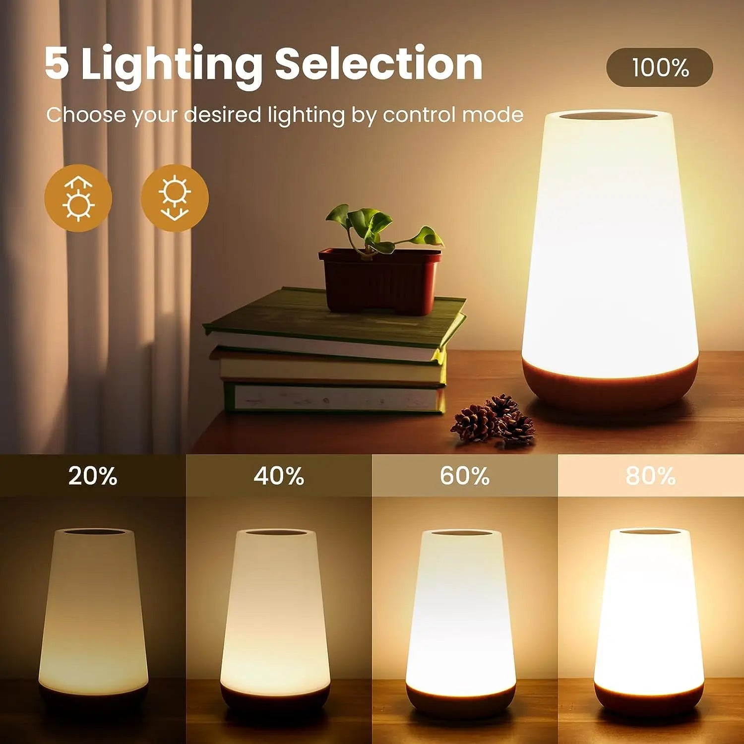 Table lamp with adjustable lighting levels on a wooden surface.