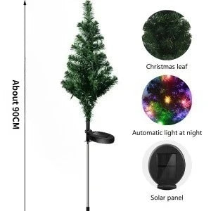 Christmas tree with solar panel and light feature, showing dimensions and features.