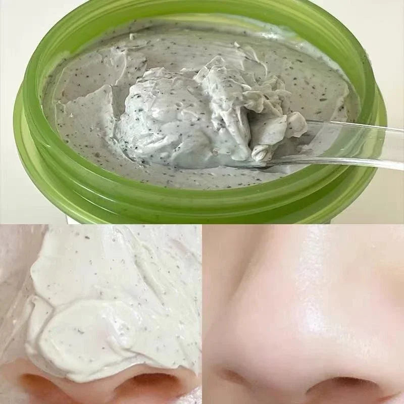 Top image shows a green container with a white creamy substance, middle image is a close-up of the substance, bottom right image shows a person applying the cream to their face.