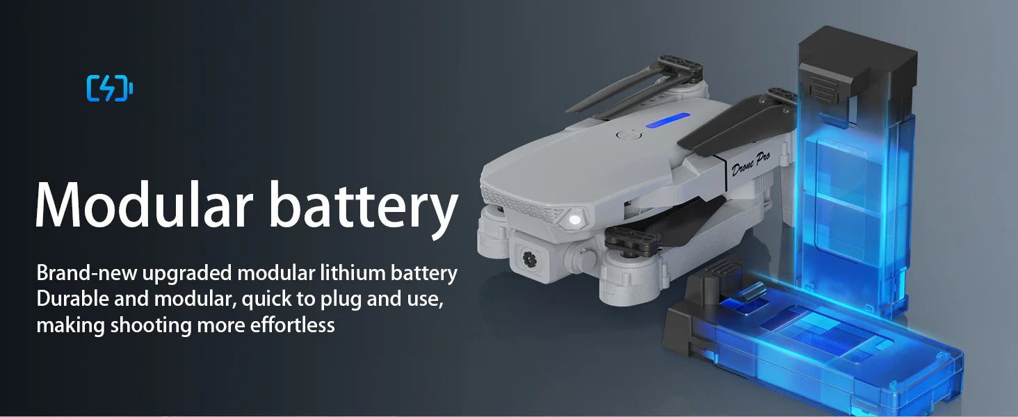 Modular battery system with drone on a dark background