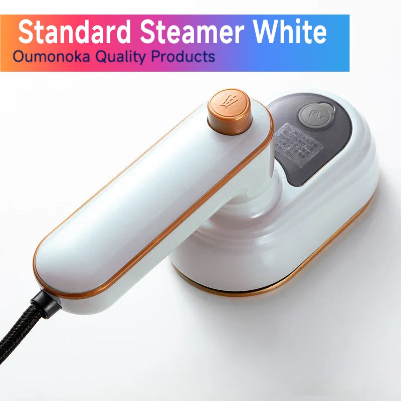 White steamer with brown accents on a white background, labeled 'Standard Steamer White' by Oumanoka Quality Products.