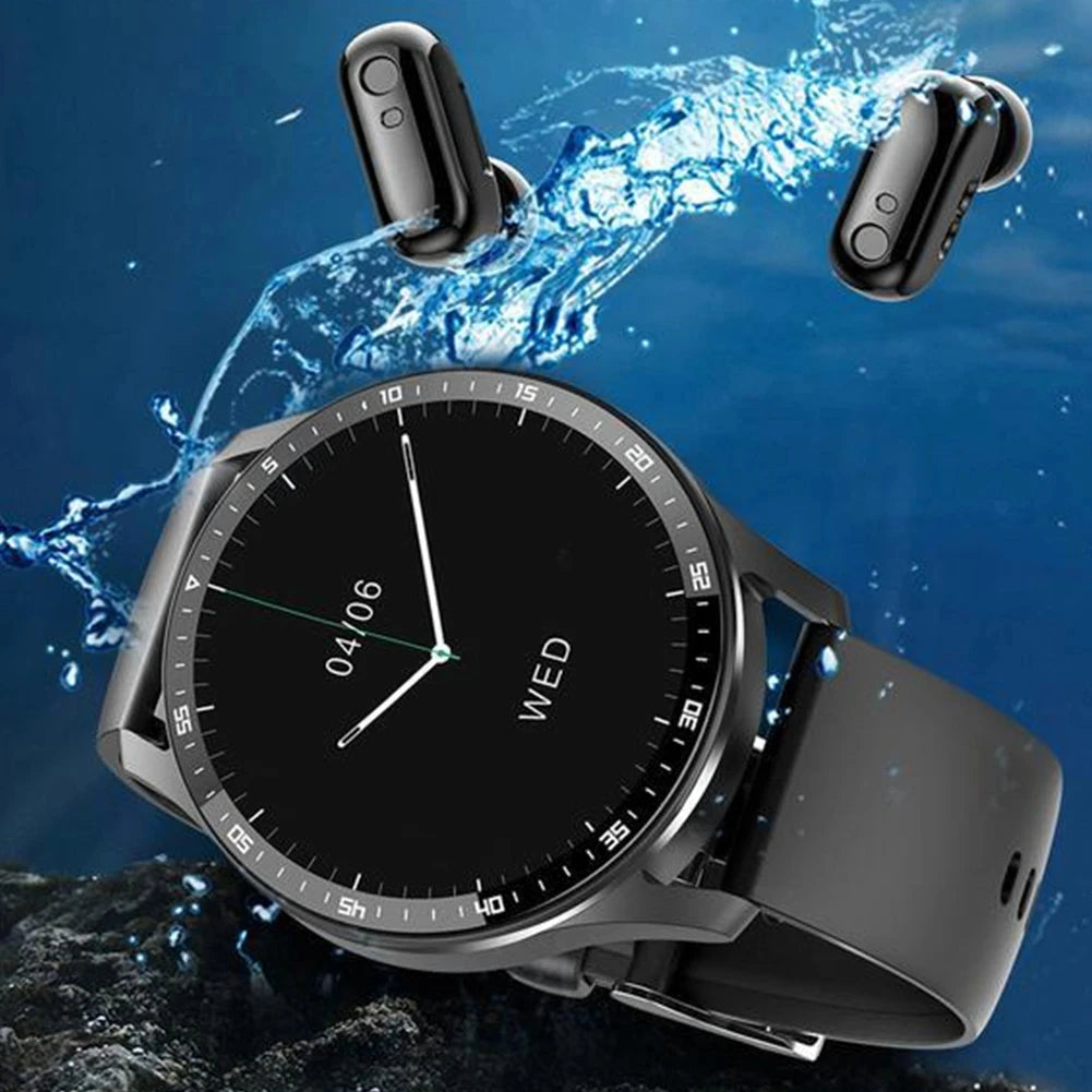 Smartwatch with water resistance feature and wireless earbuds on a blue background