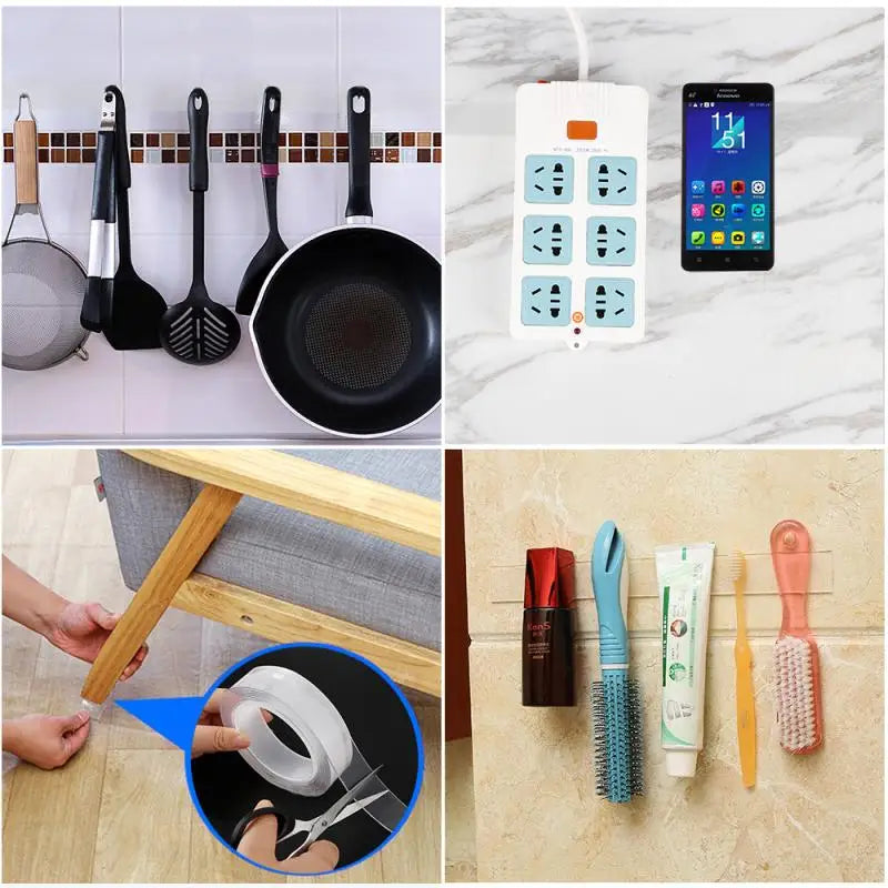 Collage of kitchen utensils, power outlets, a phone, a table, and bathroom items.
