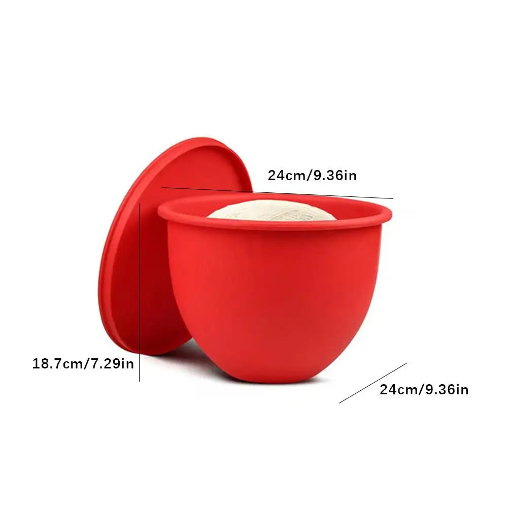 Red silicone lid and bowl with measurements on a white background