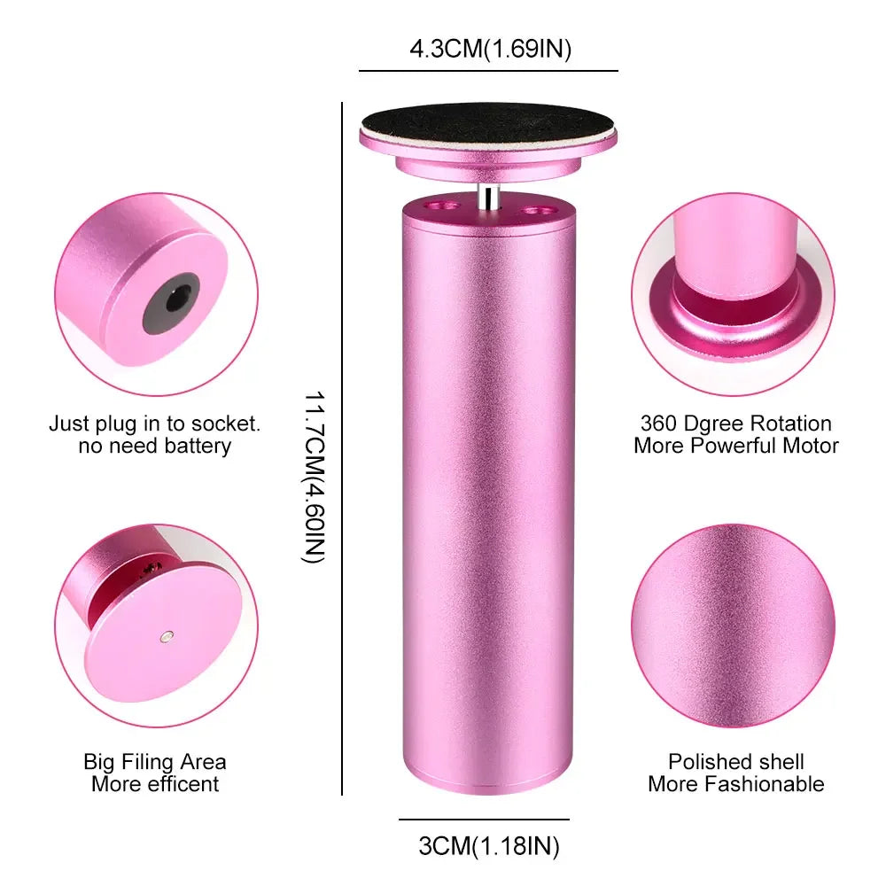 Pink cylindrical product with features and measurements on a white background