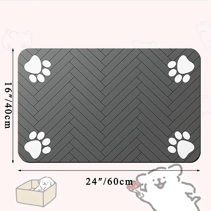 Gray pet mat with white paw prints and dimensions indicated