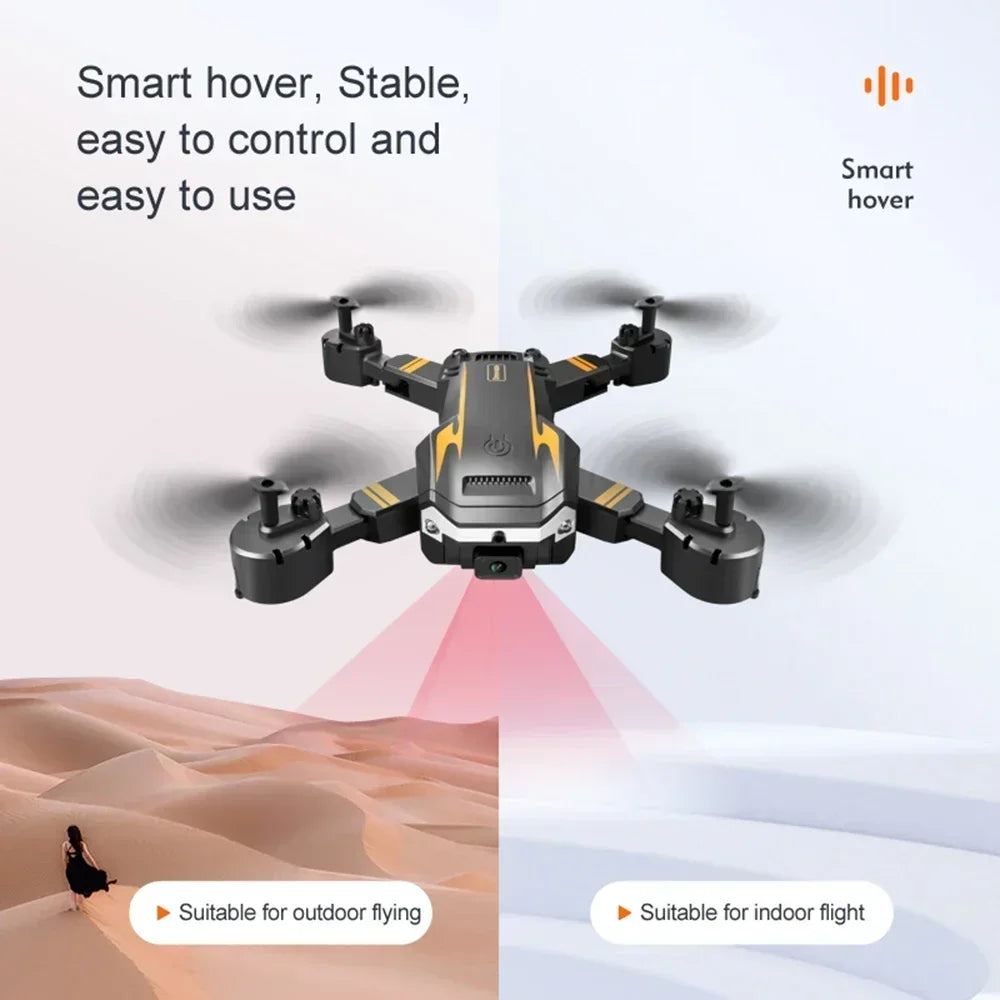 Drone with text highlighting its features on a desert background