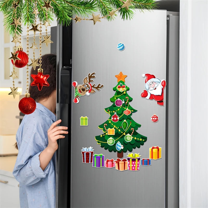 Fridge with Christmas-themed magnets including a tree, presents, and Santa Claus.
