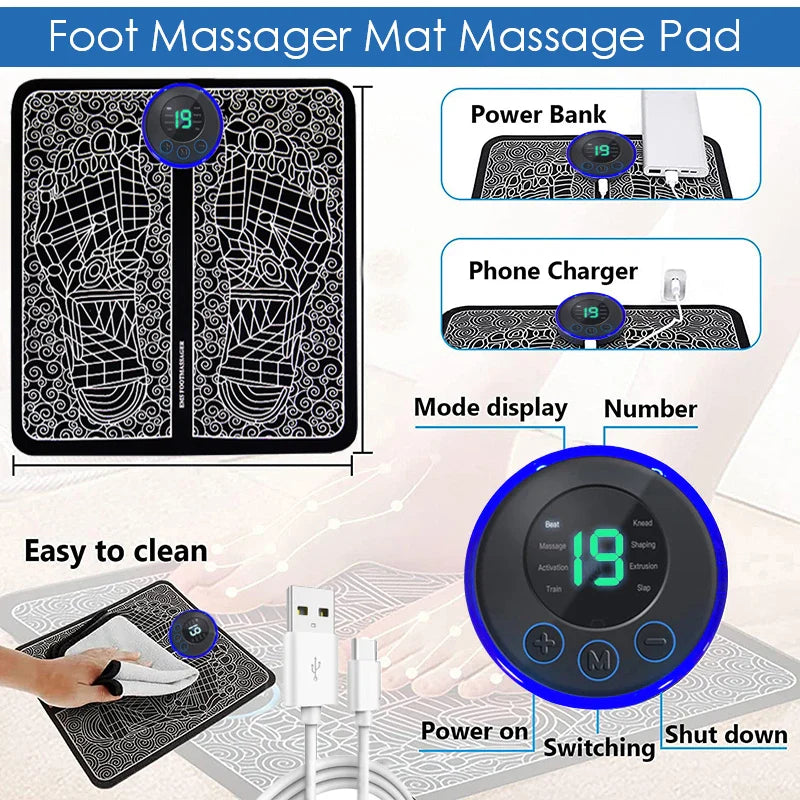 Foot massager mat with power bank and phone charger features, showing digital display and USB cable.