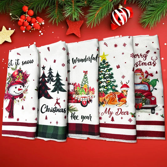 Set of Christmas-themed kitchen towels on a red background with festive decorations.